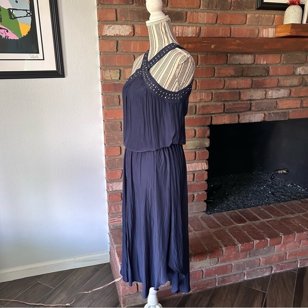 Ramy Brook Autumn Studded Halter Neck Midi Dress in Navy Blue Sz M - Picture 5 of 10